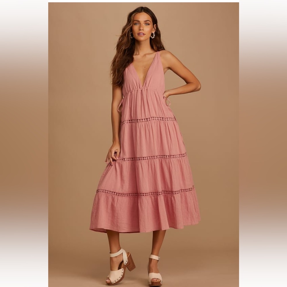 Lulus Favorite Feeling Rose Pink Crochet Lace Tiered Midi Dress